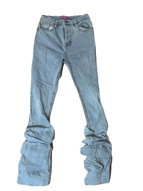 Minaa Monroe Women’s Light Wash Stacked Bunched Flare Jeans High Rise Stretch